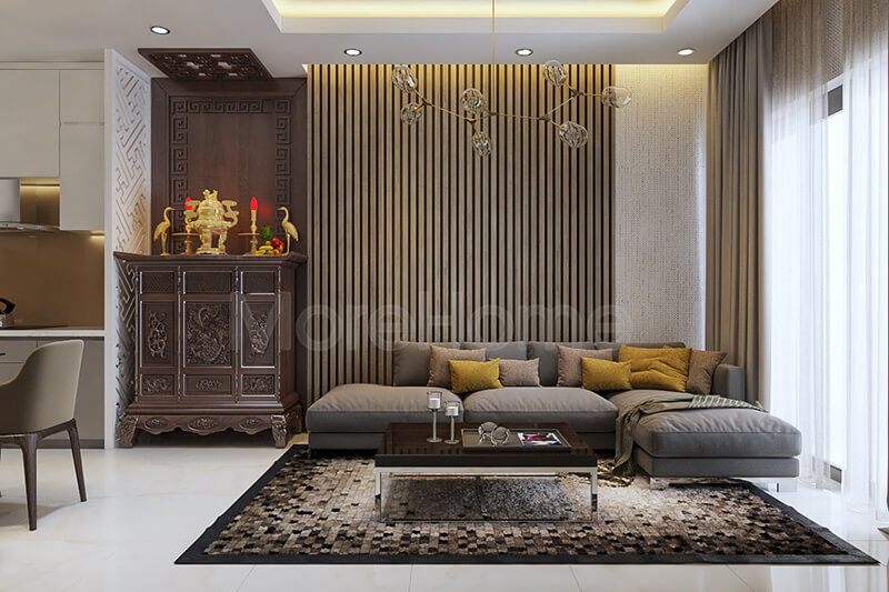 Mẫu tủ thờ đẹp màu nâu sáng với kiểu dáng nhỏ gọn giúp tiết kiệm diện tích không gian phòng khách chung cư.