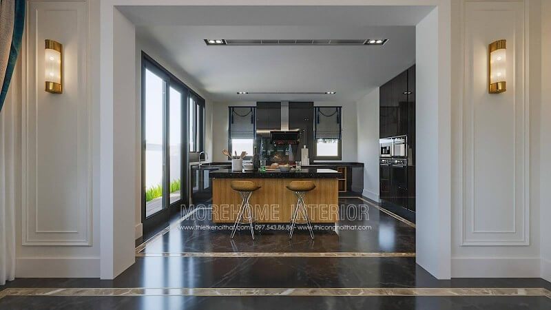 Phòng bếp biệt thự được thiết kế theo phong cách hiện đại trẻ trung và sang trọng.